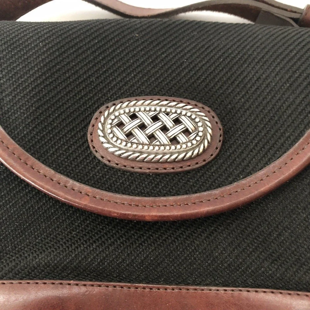 BRIGHTON Brown Leather Woven Fabric Shoulder Crossbody Handbag Satch…